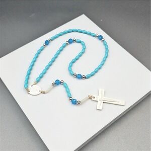 Vintage Turquoise Rosary Beads Necklace White Crucifix Catholic 22in